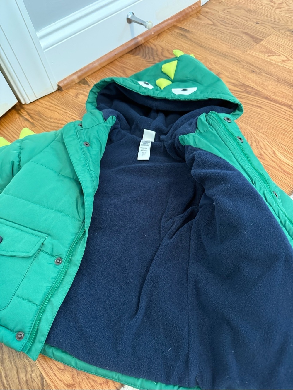 Little Me Dinosaur Coat Green Puffer Jacket Snap Button Toddler Size 2T - Picture 8 of 8